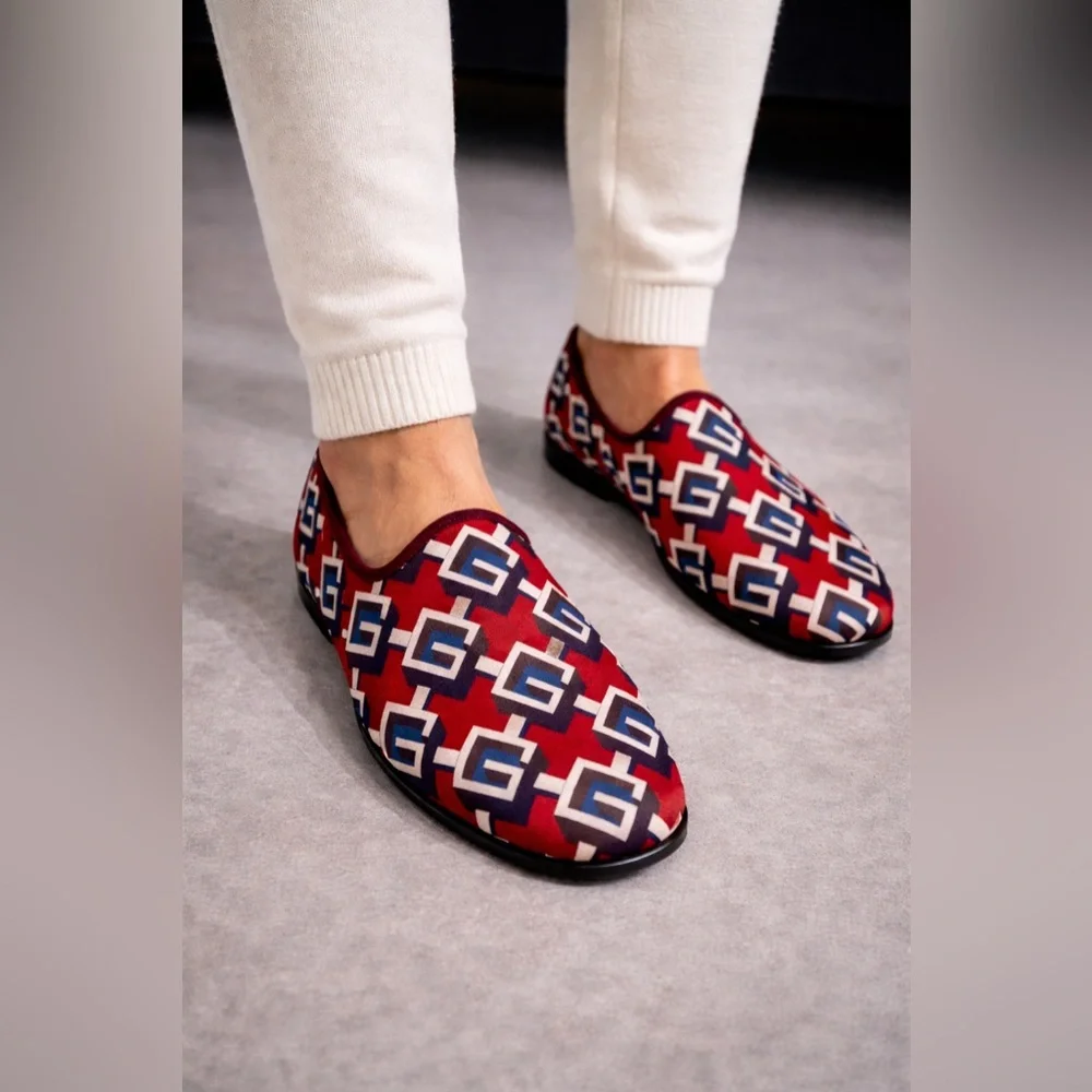 Gucci Red Satin Voyage Geometric G Print Slipper Shoes New $570